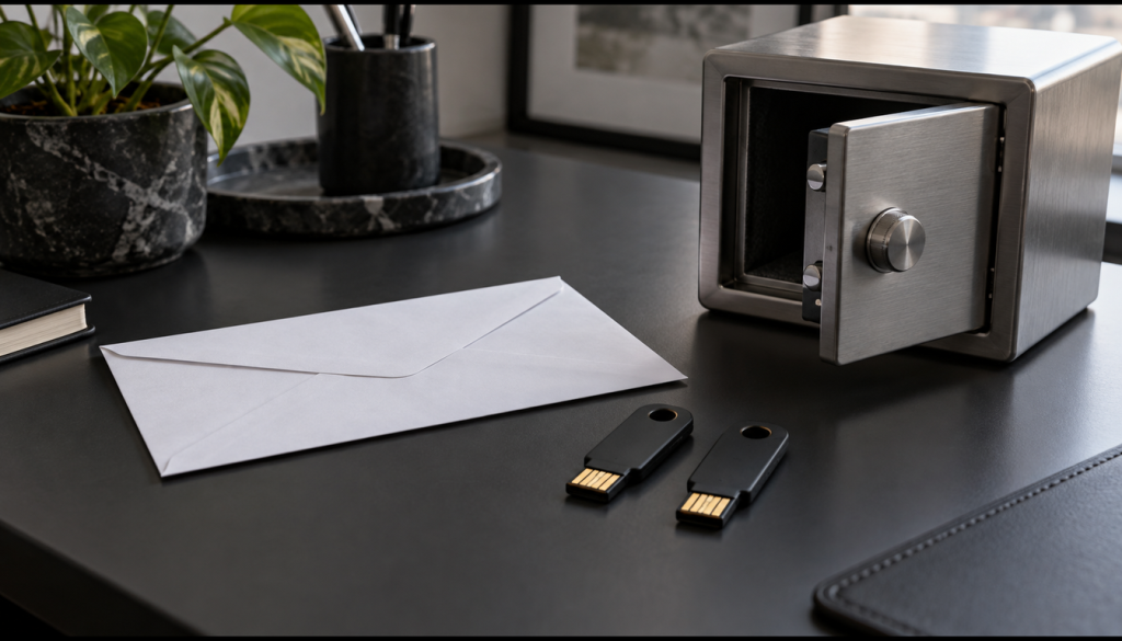 Zwei Hardware-Sicherheitsschlüssel, ein verschlossener Umschlag und ein kleiner offener Tresor auf einem dunklen Schreibtisch