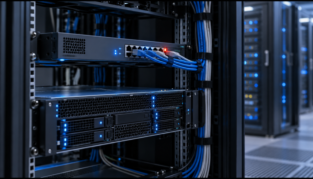 Server-Rack mit Netzwerk-Switch und Linux-Server im Rechenzentrum, eine rote Status-LED markiert eine gesperrte Verbindung