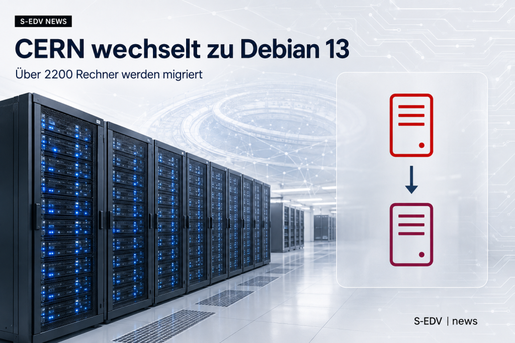 Illustration eines Rechenzentrums mit blau leuchtenden Serverschränken und CERN-Ringgebäude im Hintergrund, daneben Symbolgrafik einer Migration von einem roten Server-Icon zu einem dunkelroten Server-Icon, betitelt CERN wechselt zu Debian 13
