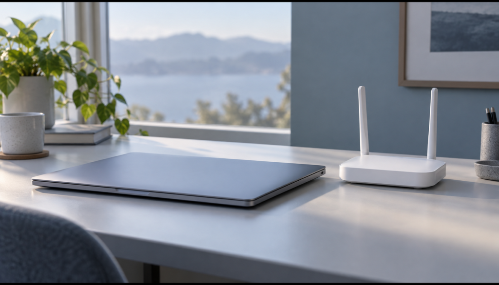 Zugeklappter Laptop neben einem weißen WLAN-Router auf einem aufgeräumten Schreibtisch im Morgenlicht