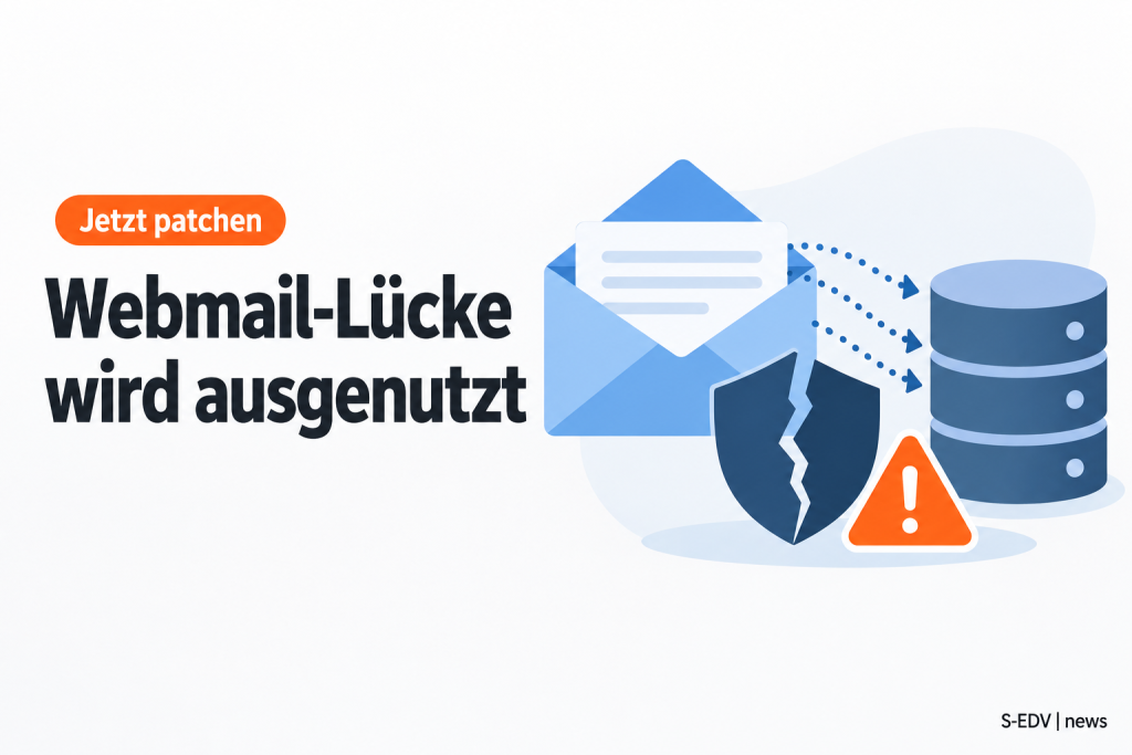 Illustration mit der Überschrift Webmail-Lücke wird ausgenutzt, Briefumschlag, Datenbank und beschädigtes Schild
