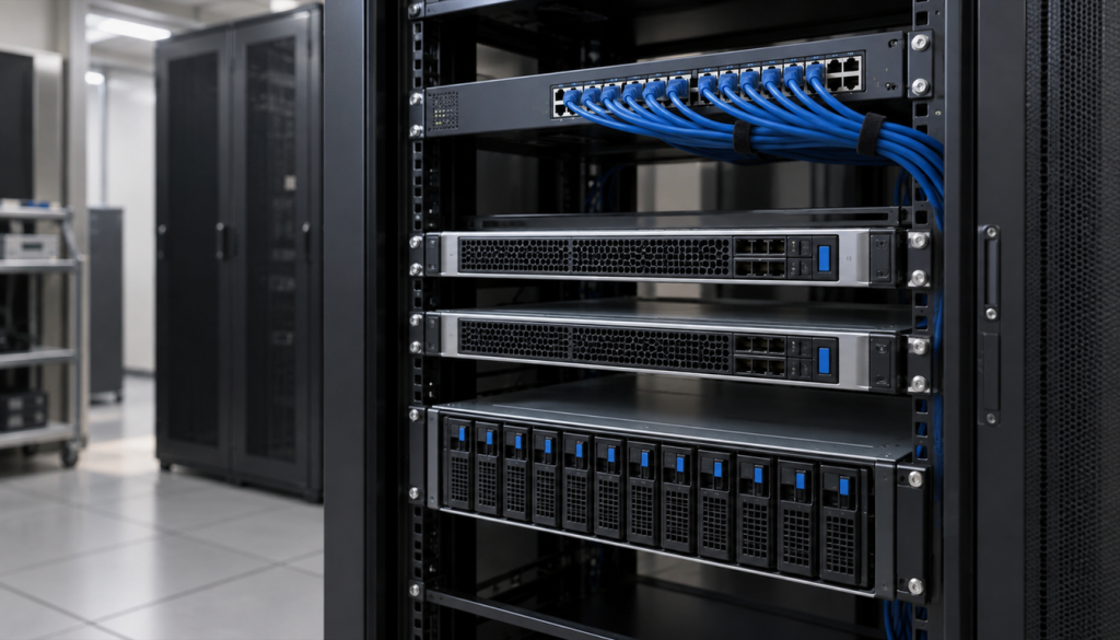 Offener Serverschrank mit Switch, zwei Rack-Servern und Storage-Server mit Laufwerkseinschüben, verbunden über blaue Netzwerkkabel