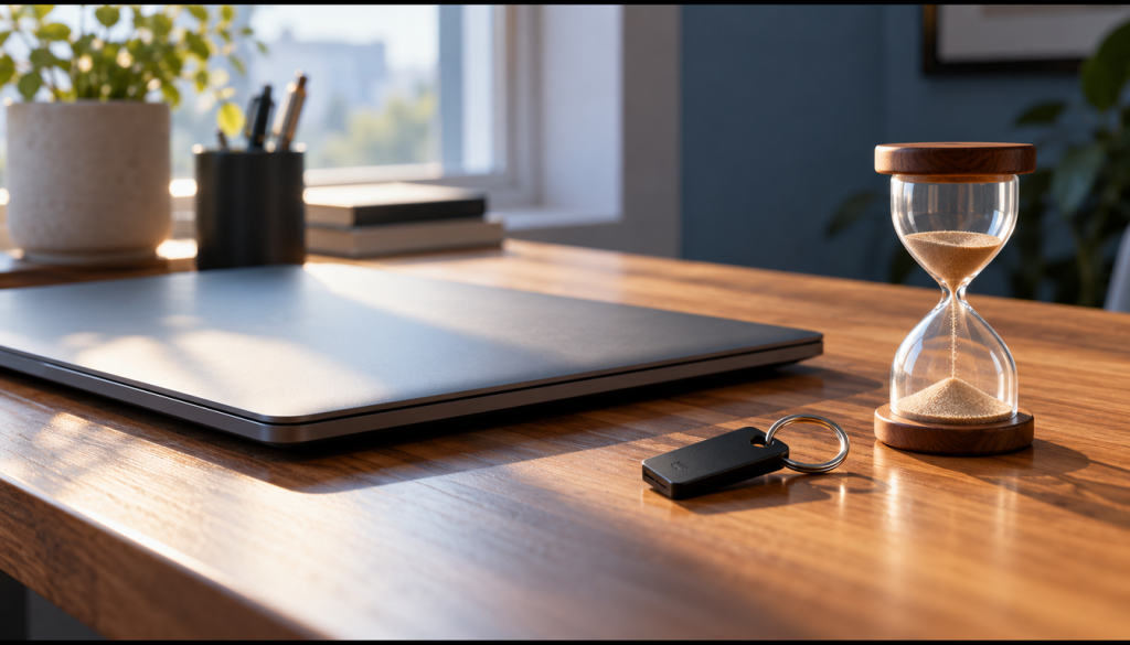 Zugeklappter Laptop, schwarzer Sicherheitsschlüssel und Sanduhr auf einem Holzschreibtisch als Sinnbild für zeitlich begrenzte Adminrechte