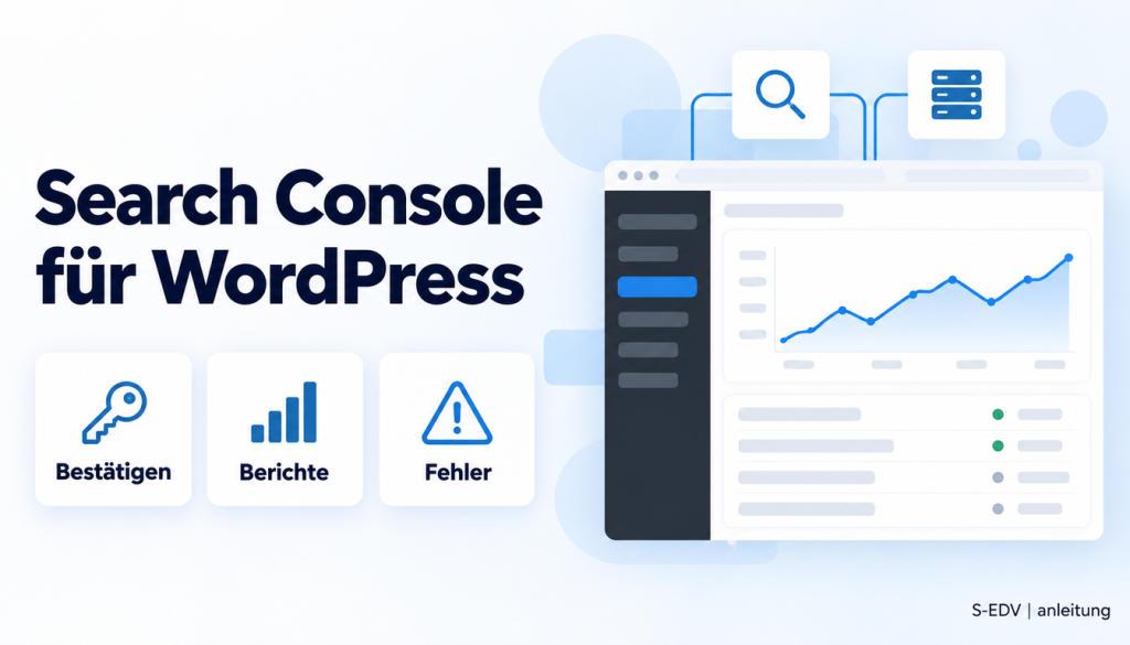 Grafik mit der Überschrift Search Console für WordPress und einem stilisierten WordPress-Adminbereich mit Diagramm