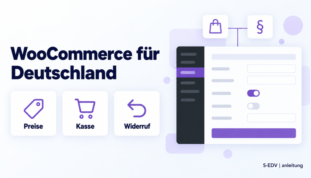 Grafik mit der Überschrift WooCommerce für Deutschland einrichten und einem stilisierten WordPress-Adminbereich mit Shop-Einstellungen