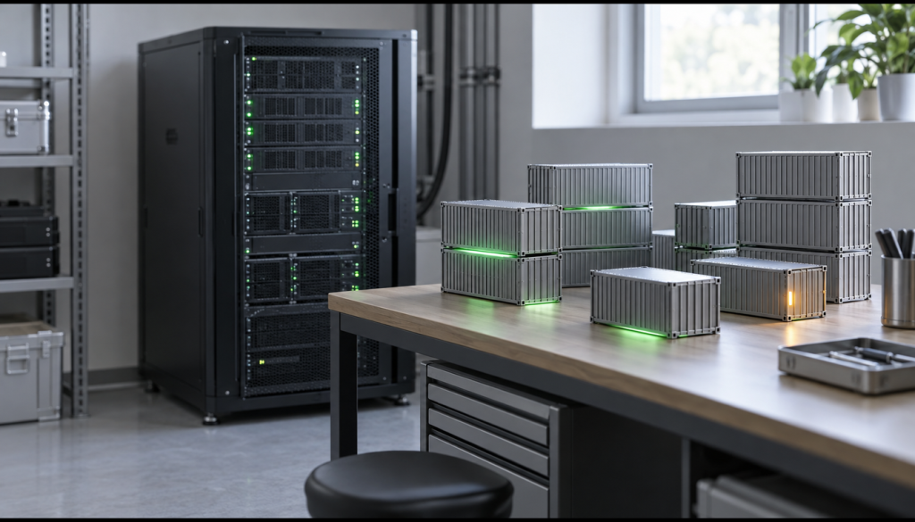 Kleine Stapel aus Container-Modellen auf einer Werkbank neben einem Server-Rack, grüne Lichter markieren aktualisierte Container, ein Container leuchtet orange als zurückgestelltes Update