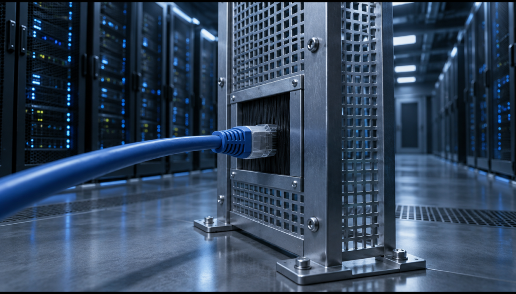 Netzwerkkabel führt im Rechenzentrum durch eine gelochte Stahlverkleidung, Sinnbild für eine vorgelagerte Firewall vor den Servern