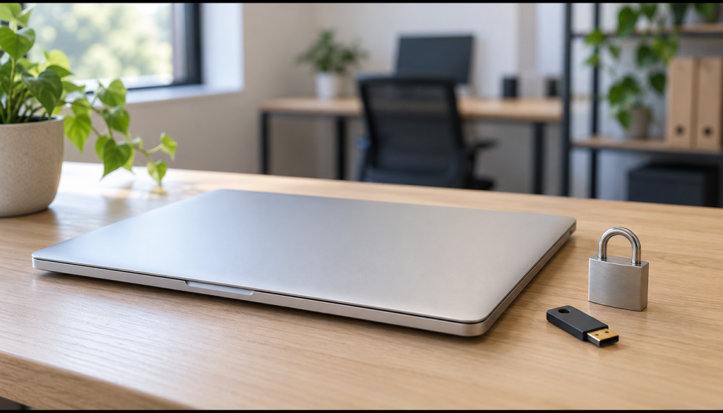 Geschlossenes Notebook auf einem Schreibtisch, daneben ein Vorhängeschloss und ein Hardware-Sicherheitsschlüssel als Sinnbild für abgesicherte Firmen-Macs