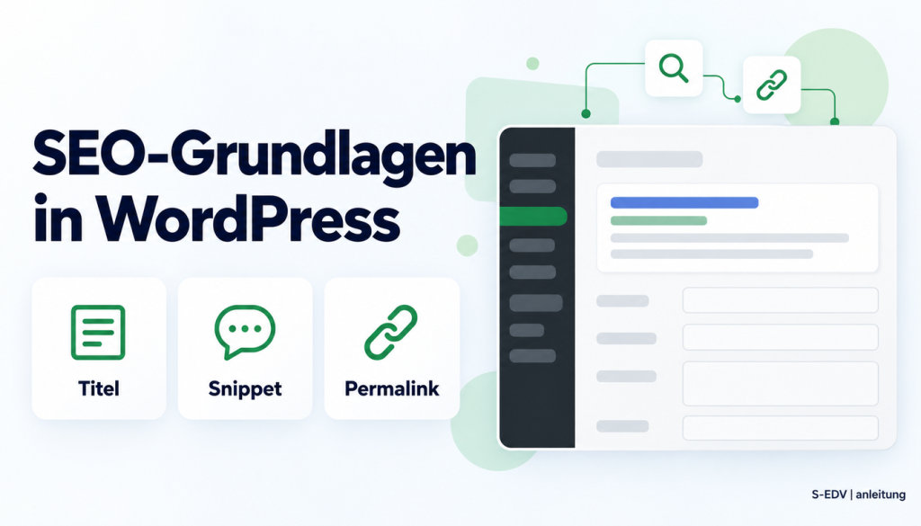 Grafik mit der Überschrift SEO-Grundlagen in WordPress und einem stilisierten WordPress-Adminbereich mit Suchergebnis-Vorschau