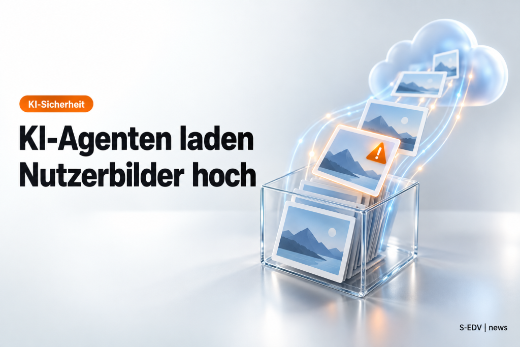 Stilisierte Fotokarten gleiten aus einer Glasbox über Datenlinien zu einer Cloud, daneben die Überschrift KI-Agenten laden Nutzerbilder hoch