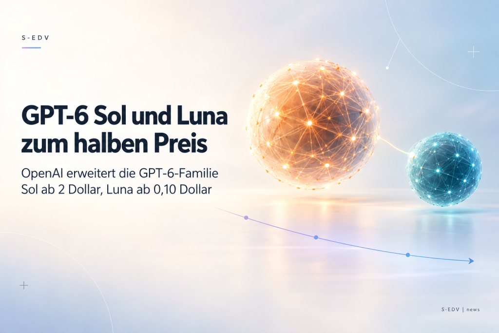 Helles Titelbild mit der Aufschrift GPT-6 Sol und Luna zum halben Preis, daneben zwei abstrakte leuchtende Netzwerk-Sphären in Orange und Petrolblau