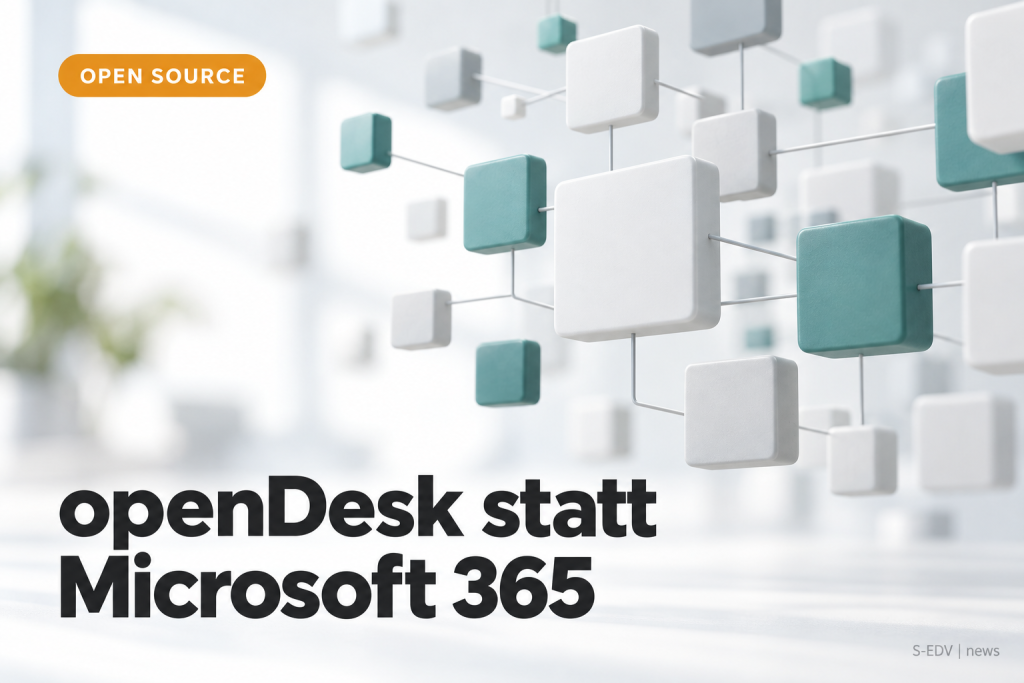 Abstrakte modulare Software-Bausteine auf hellem Hintergrund mit der Schlagzeile openDesk statt Microsoft 365