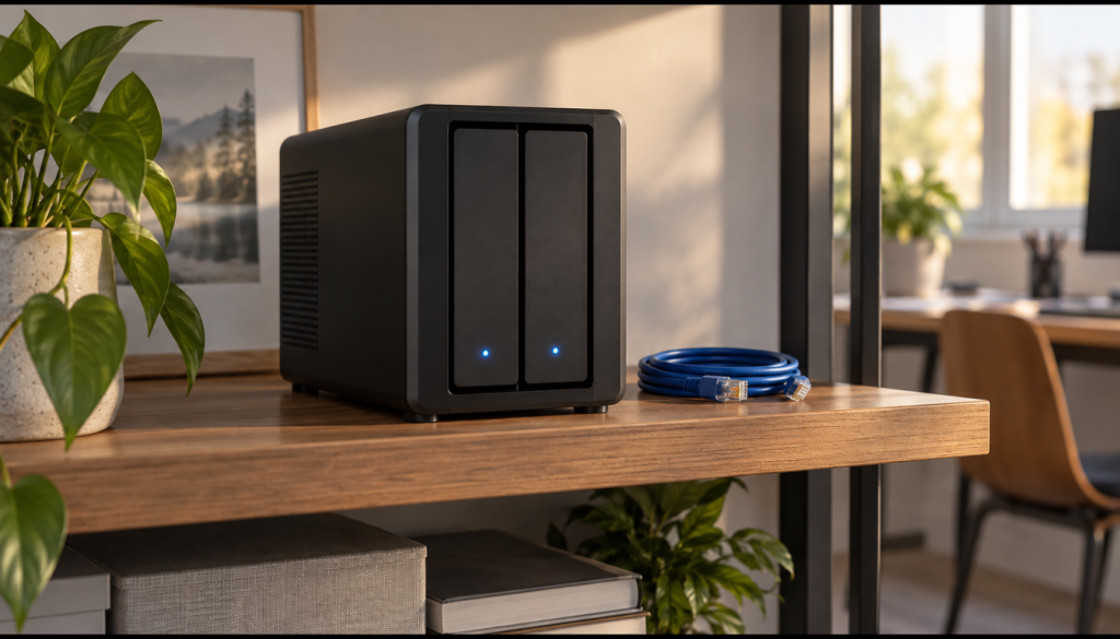 Schwarzes NAS mit zwei Laufwerksschächten und blauen Status-LEDs auf einem Holzregal im Büro