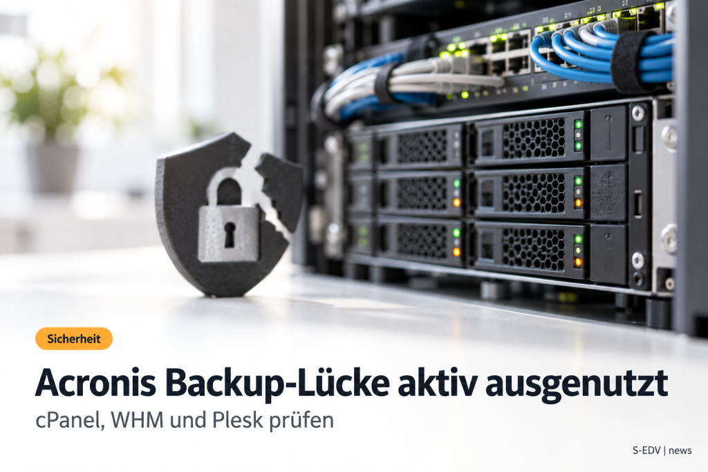 Serverschrank mit Netzwerkkabeln und ein aufgebrochenes Schlosssymbol als Sinnbild für die aktiv ausgenutzte Sicherheitslücke im Acronis Backup-Plugin