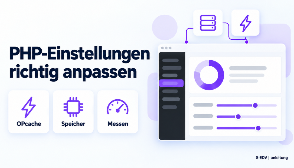 Grafik mit der Überschrift PHP-Einstellungen richtig anpassen und einem stilisierten WordPress-Adminbereich mit Speicheranzeige
