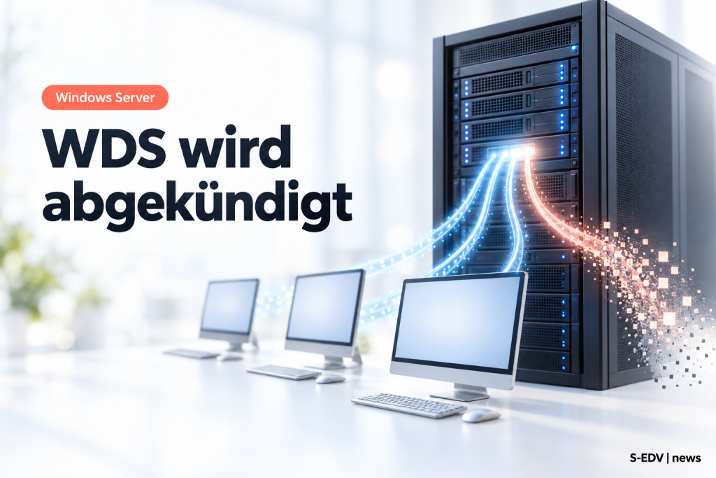 Editoriales News-Bild mit der Headline WDS wird abgekündigt, Server-Rack mit verblassendem Netzwerkboot-Pfad zu mehreren Clients