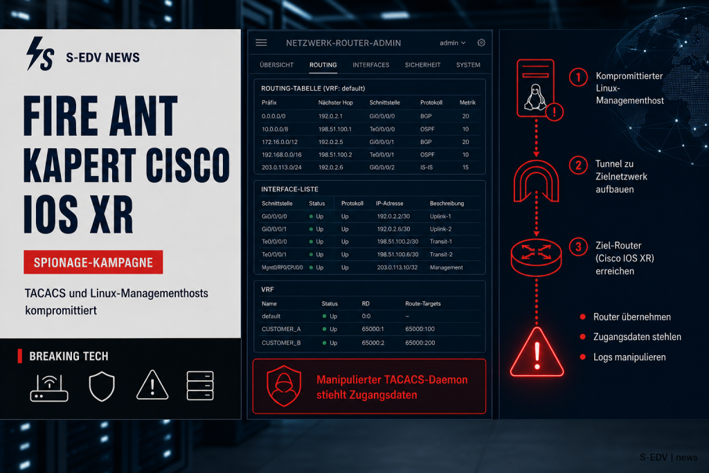 Illustration zur Fire-Ant-Spionagekampagne: kompromittierte Cisco IOS XR Router, TACACS-Authentifizierung und Linux-Managementhosts mit rot markiertem Angriffspfad