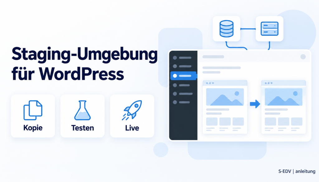 Grafik mit der Überschrift Staging-Umgebung für WordPress, drei Karten Kopie, Testen, Live und einem stilisierten WordPress-Adminbereich