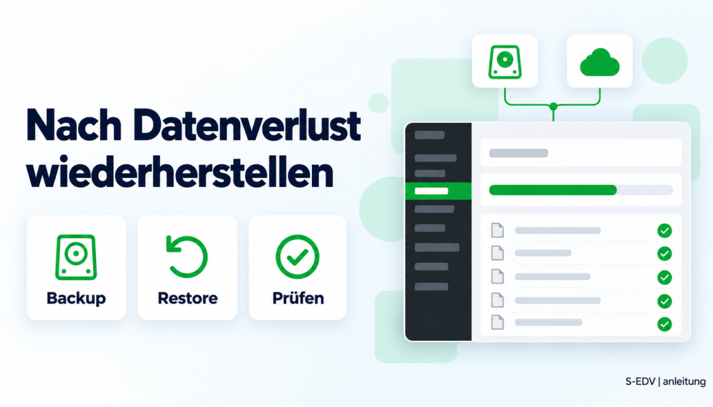 Grafik mit der Überschrift Nach Datenverlust wiederherstellen, drei Karten Backup, Restore, Prüfen und einem stilisierten WordPress-Adminbereich