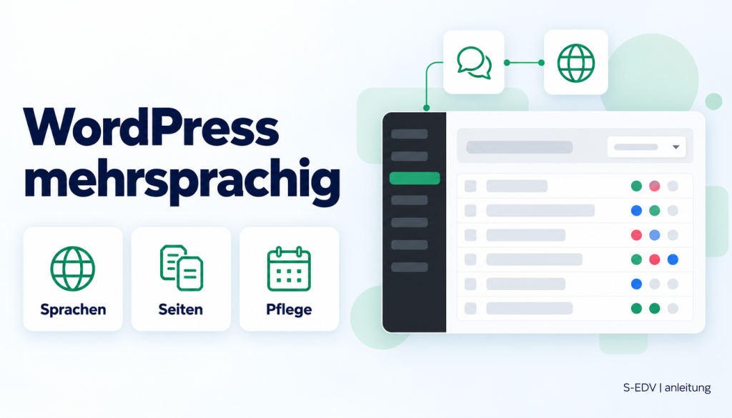 Grafik mit der Überschrift WordPress mehrsprachig und einem stilisierten WordPress-Adminbereich mit Sprachumschalter