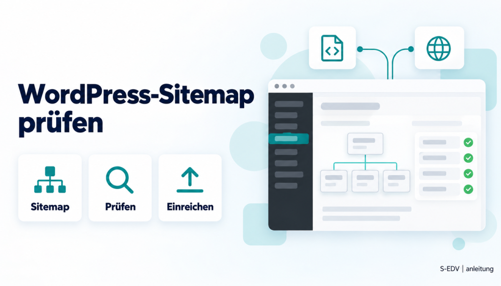 Grafik mit der Überschrift WordPress-Sitemap prüfen und einem stilisierten WordPress-Adminbereich mit Seitenstruktur