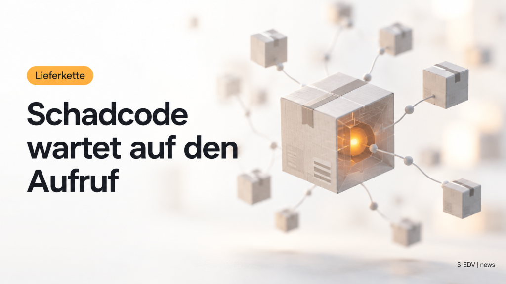 Abstraktes Paketsymbol mit versteckt leuchtendem Auslöser und verzweigten Abhängigkeitsketten auf hellem Hintergrund