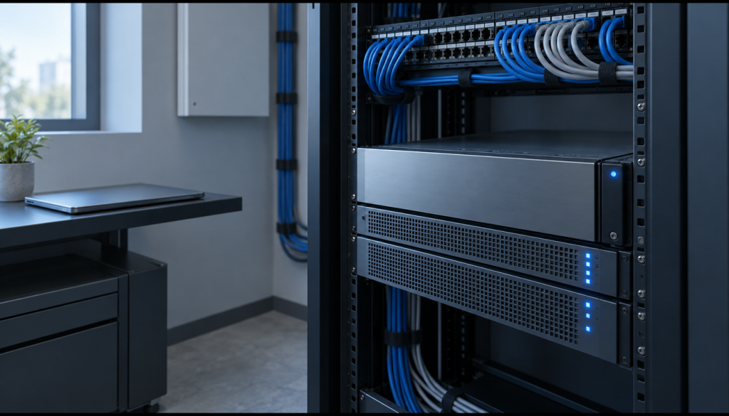 Serverschrank mit Patchpanel, Server und ordentlich verlegten blauen Netzwerkkabeln in einem kleinen Büro