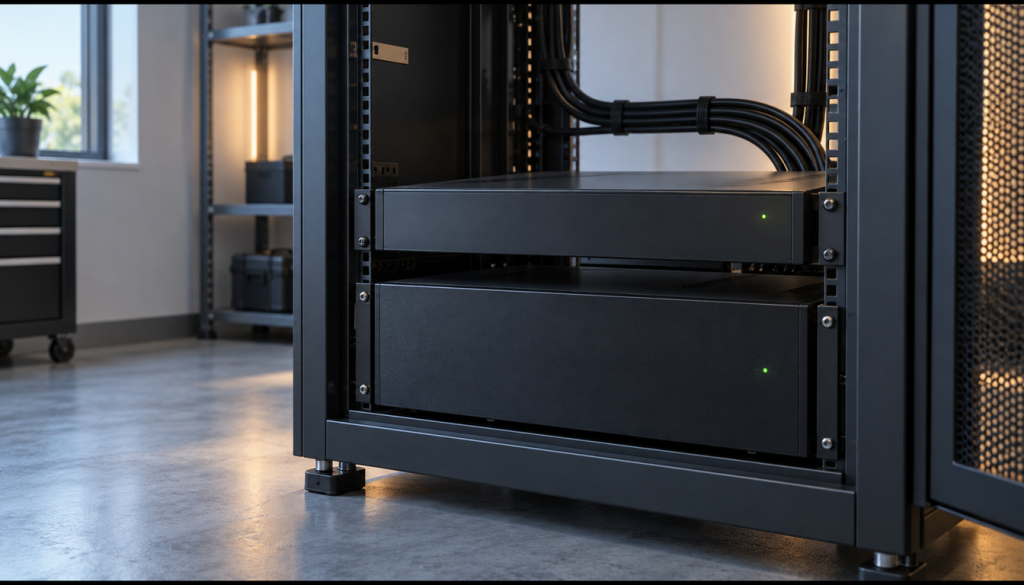 Offenes Server-Rack in einem Technikraum mit zwei Geräten und sauber geführten Stromkabeln, Sinnbild für eine USV-geschützte Serverumgebung