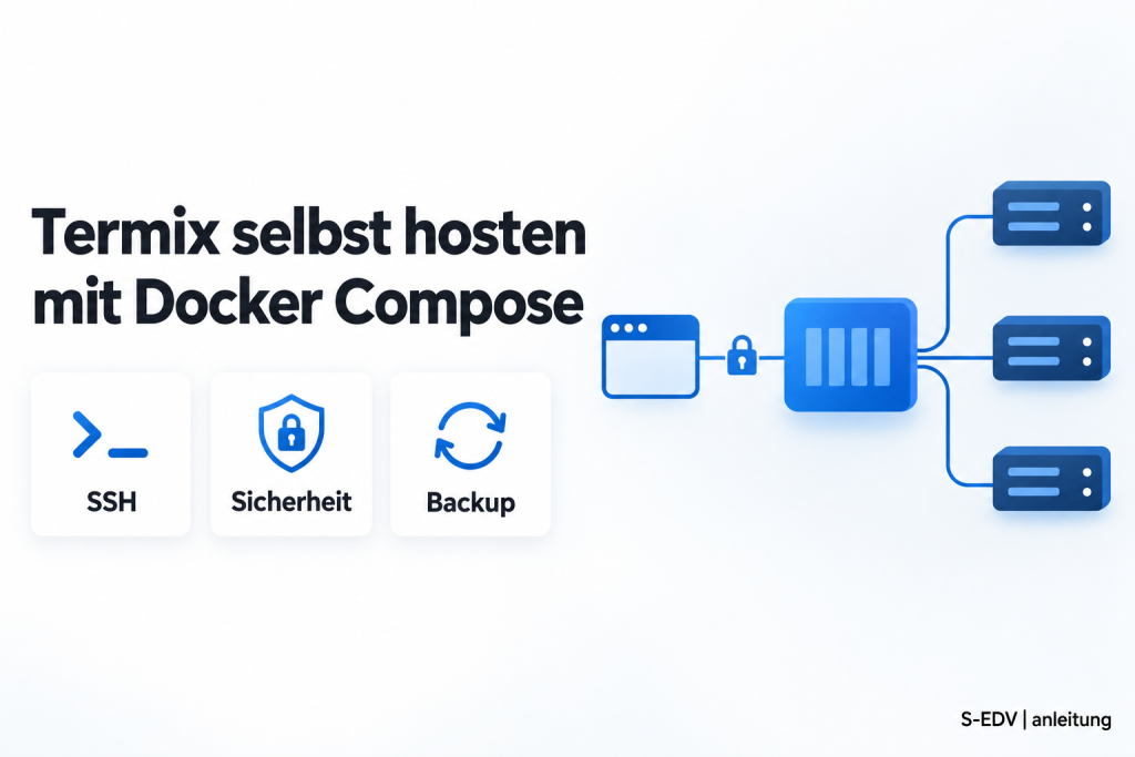 Illustration mit der Überschrift Termix selbst hosten mit Docker Compose, drei Karten zu SSH, Sicherheit und Backup sowie ein abstraktes Architekturdiagramm mit Container und Servern