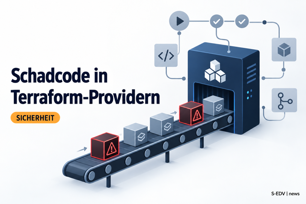 Editorial-Grafik zum Thema Schadcode in Terraform-Providern: Paket-Registry mit zwei als bösartig markierten Paketen in einer Lieferkette für Infrastruktur als Code