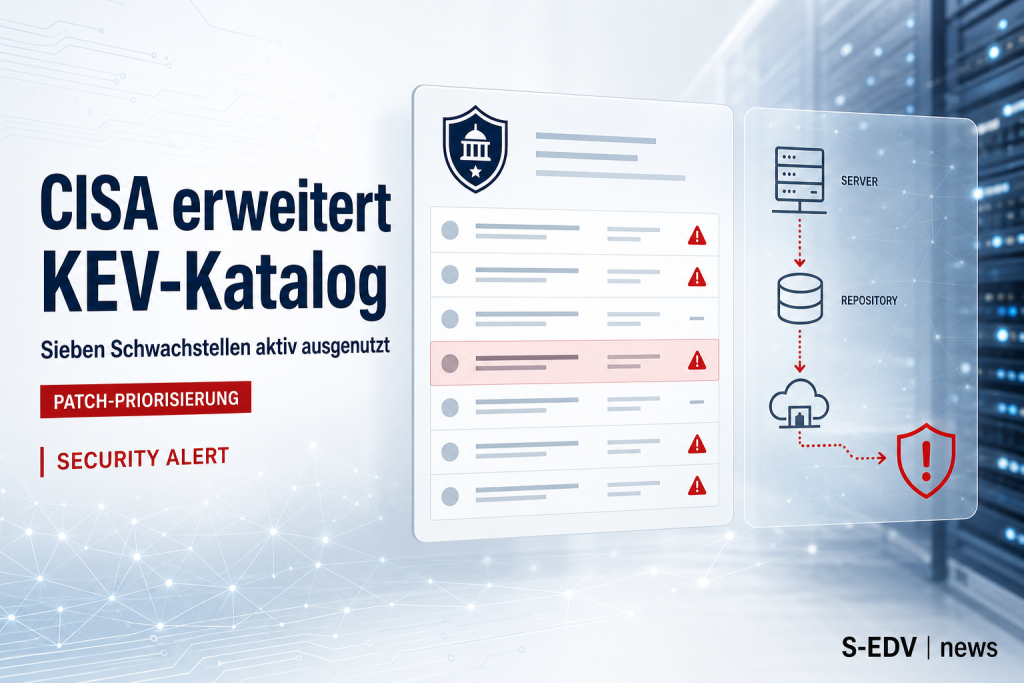 Editorial-Grafik zur CISA-Meldung: KEV-Katalog erweitert um sieben aktiv ausgenutzte Schwachstellen, Warnsymbole und Angriffspfad-Diagramm mit Server, Repository und Cloud