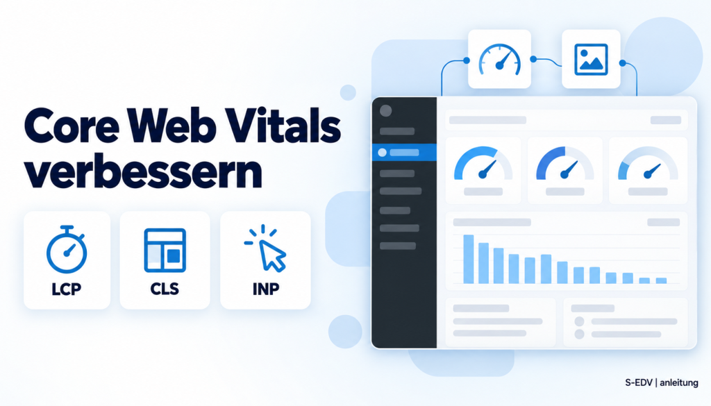 Grafik mit der Überschrift Core Web Vitals verbessern, drei Karten LCP, CLS und INP und einem stilisierten WordPress-Adminbereich mit Messdiagrammen