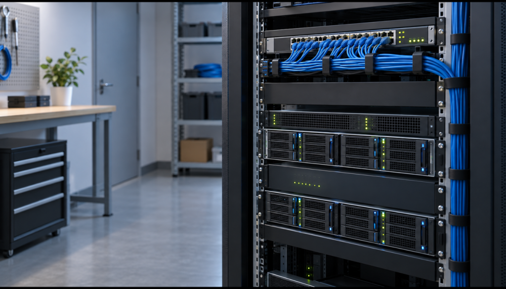 Server-Rack mit Netzwerk-Switch und sauber verlegten blauen Patchkabeln als zentrale Infrastruktur für DHCP und DNS