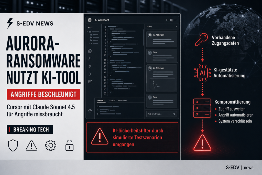 Illustration zur Aurora-Ransomware, die das KI-Coding-Tool Cursor mit Claude Sonnet 4.5 fuer beschleunigte Angriffe missbraucht, mit Angriffspfad von Zugangsdaten bis Kompromittierung