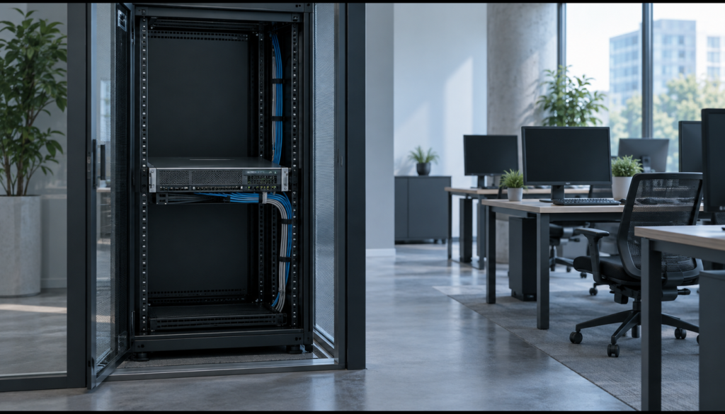 Serverschrank mit einem Server neben einem Büro mit mehreren Arbeitsplätzen, Symbolbild für einen Terminalserver im KMU