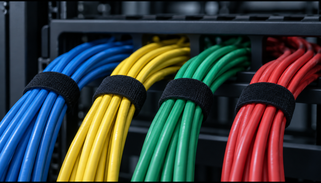 Nach Farben getrennt gebündelte Netzwerkkabel in einem Serverschrank als Sinnbild für Netzwerksegmente