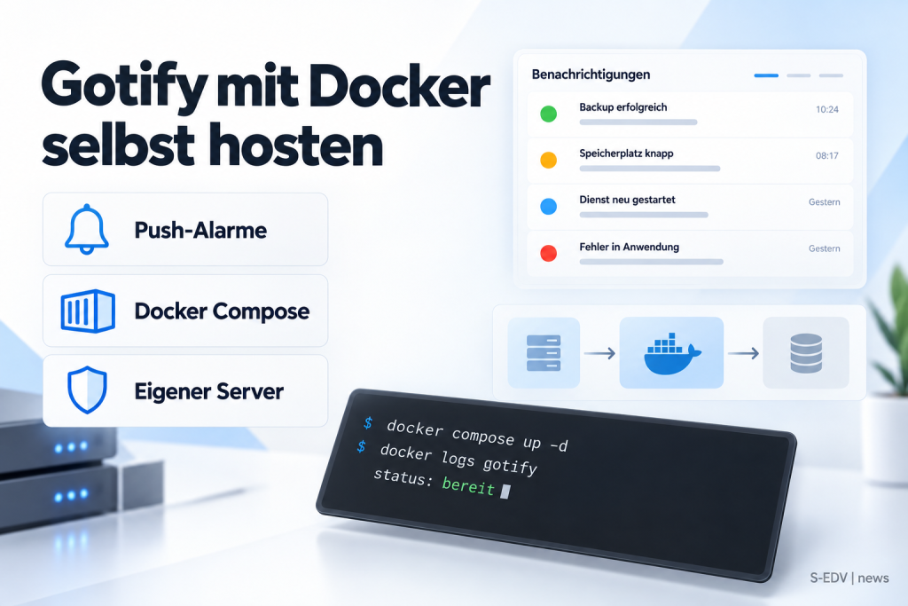 Grafik zur Anleitung: Gotify mit Docker Compose selbst hosten, mit Benachrichtigungsliste und Architekturdiagramm