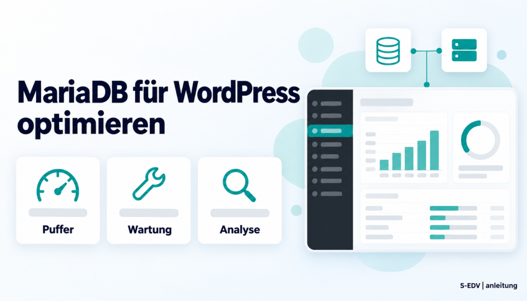 Grafik mit der Überschrift MariaDB für WordPress optimieren, drei Karten Puffer, Wartung, Analyse und einem stilisierten Adminbereich mit Diagrammen