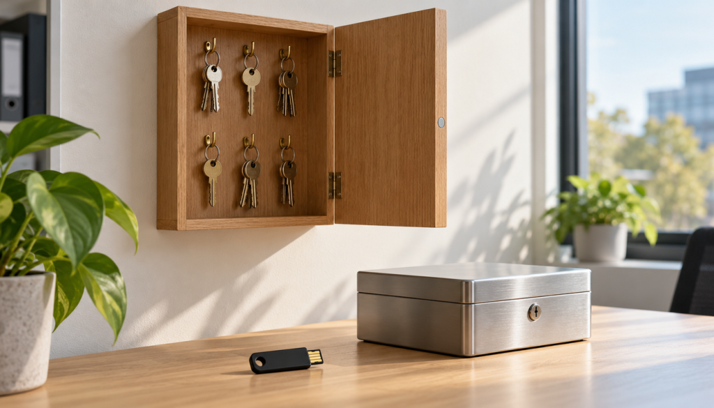 Geöffneter Schlüsselkasten an der Bürowand, darunter eine verschlossene Metallkassette und ein Hardware-Sicherheitsschlüssel auf dem Schreibtisch