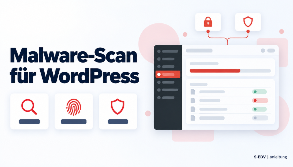 Grafik mit der Überschrift Malware-Scan für WordPress, drei Karten Scan, Prüfsumme, Schutz und einem stilisierten WordPress-Adminbereich