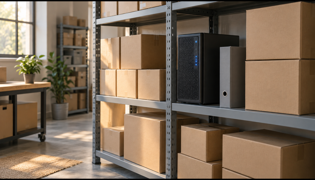 Lagerregal mit Kartons, kleinem Tower-Server und Ordner in einem hellen Büroraum als Sinnbild für ein ERP-System im Mittelstand