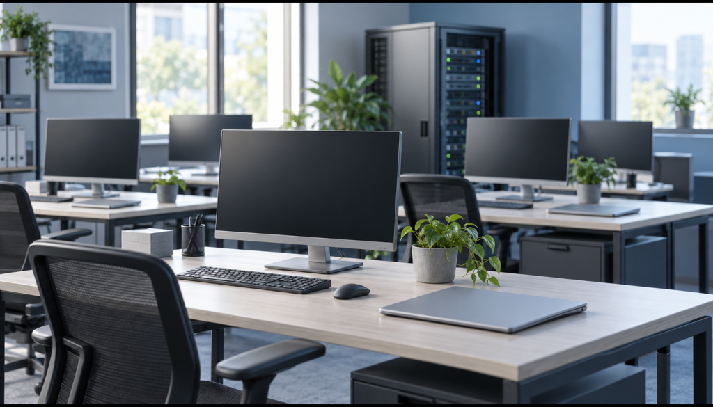 Aufgeräumtes Büro mit mehreren gleich ausgestatteten Arbeitsplätzen und einem Serverschrank im Hintergrund, Sinnbild für zentral verwaltete Rechner