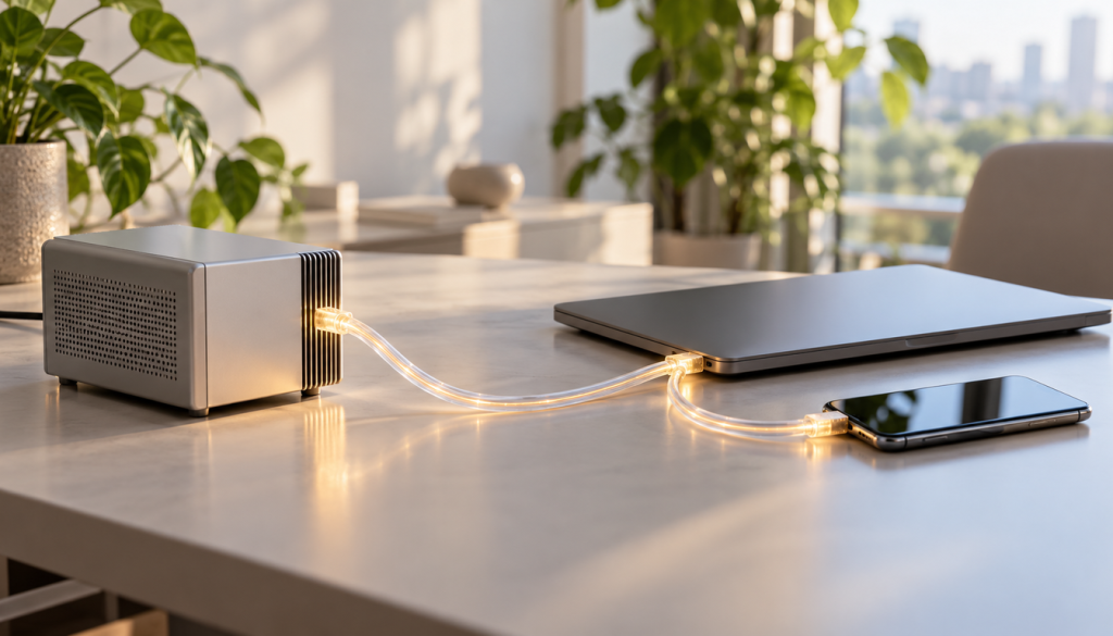 Silberner Mini-Server auf einem hellen Schreibtisch, über ein leuchtendes Kabel mit einem Laptop und einem Smartphone verbunden