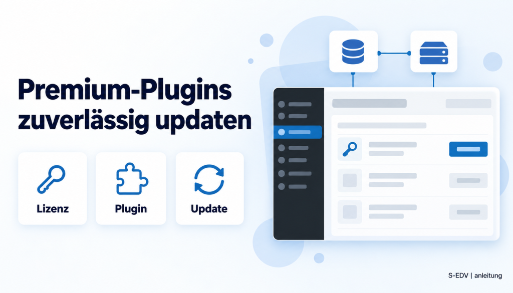 Grafik mit der Überschrift Premium-Plugins zuverlässig updaten, drei Karten Lizenz, Plugin, Update und einem stilisierten WordPress-Adminbereich