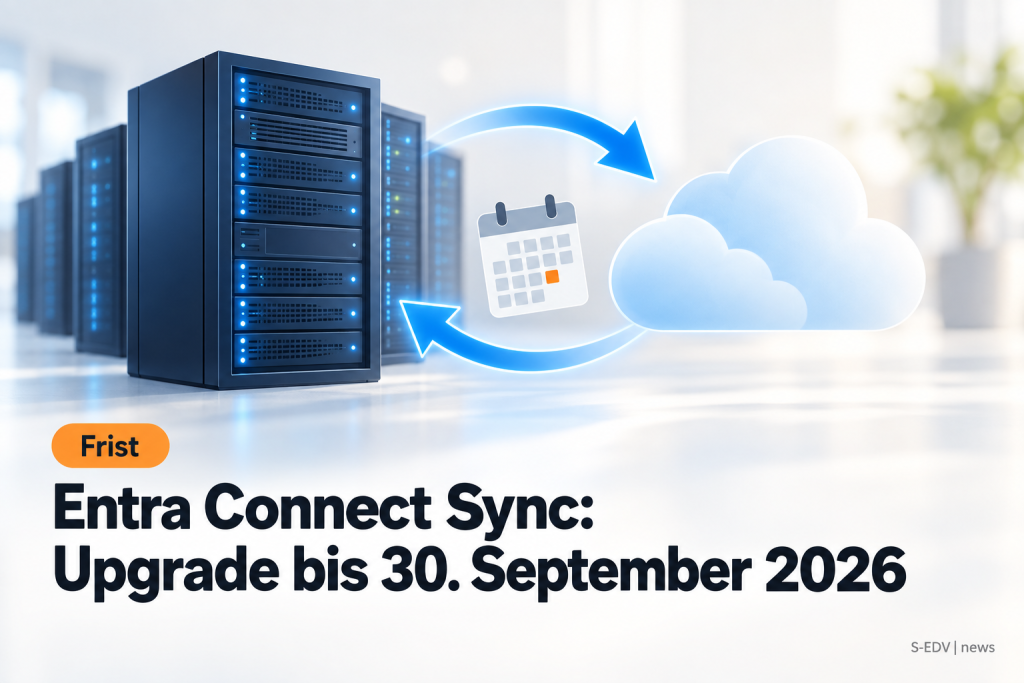 Illustration zum Pflicht-Upgrade von Microsoft Entra Connect Sync mit Server, Cloud und Synchronisierungspfeil sowie der Überschrift zum Stichtag 30. September 2026