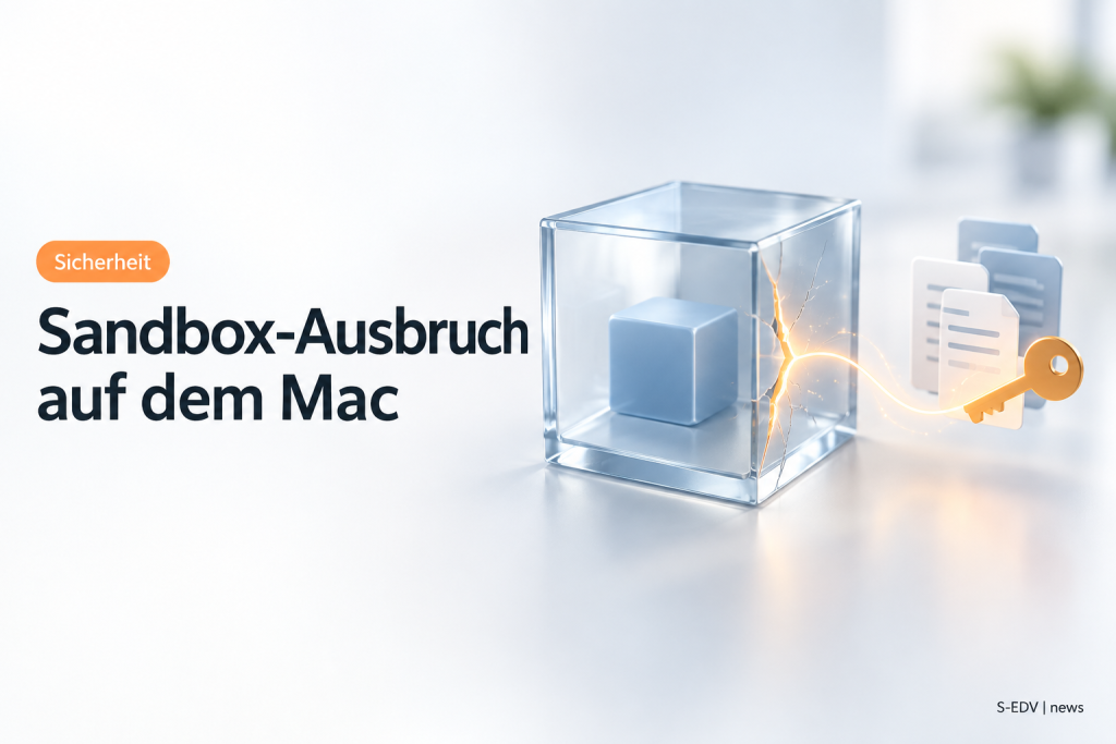 Abstrakter Glas-Container mit Riss, aus dem eine Lichtlinie zu Dokument- und Schlüssel-Symbolen entweicht, Sinnbild für den Ausbruch aus der Sandbox-Isolation