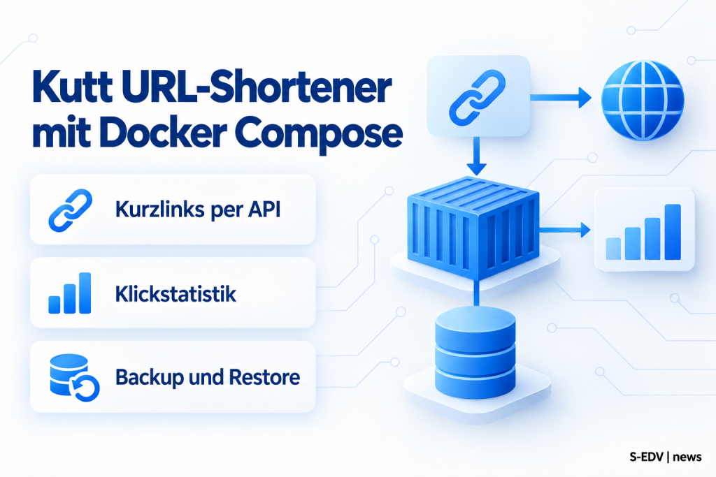 Illustration zur Anleitung: Kutt URL-Shortener mit Docker Compose, Kurzlinks per API, Klickstatistik sowie Backup und Restore