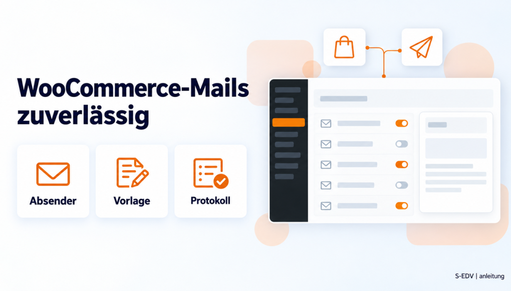Grafik mit der Überschrift WooCommerce-Mails zuverlässig und einem stilisierten WordPress-Adminbereich mit E-Mail-Einstellungen