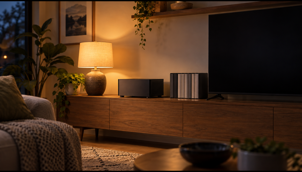 Wohnzimmer am Abend mit kleinem Heimserver auf einem Sideboard neben einem ausgeschalteten Fernseher und einer Reihe Medienhüllen