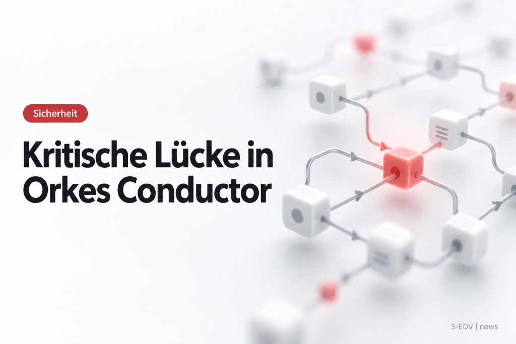 Abstrakte Darstellung einer Workflow-Orchestrierung mit verbundenen Knoten und rot markierten Angriffspunkten am API-Endpunkt